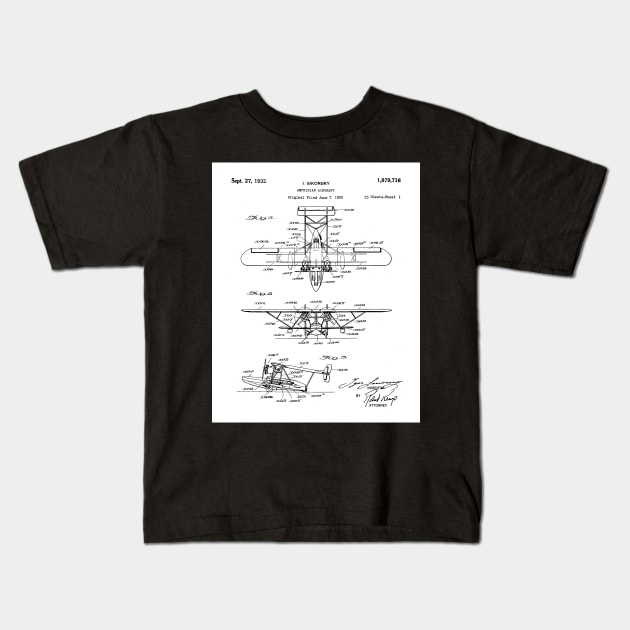 Seaplane Patent - Biwing Seaplane Art - Black And White Kids T-Shirt by patentpress